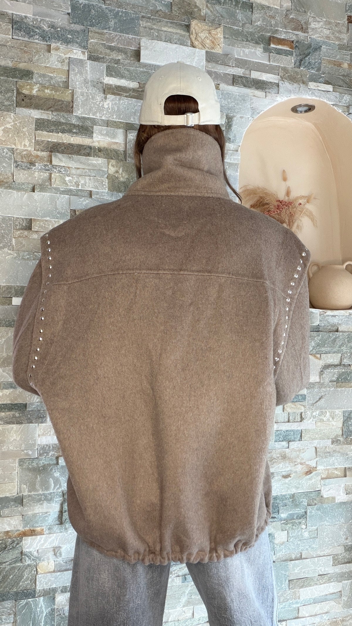 Blouson motard clouté 100% laine Taupe