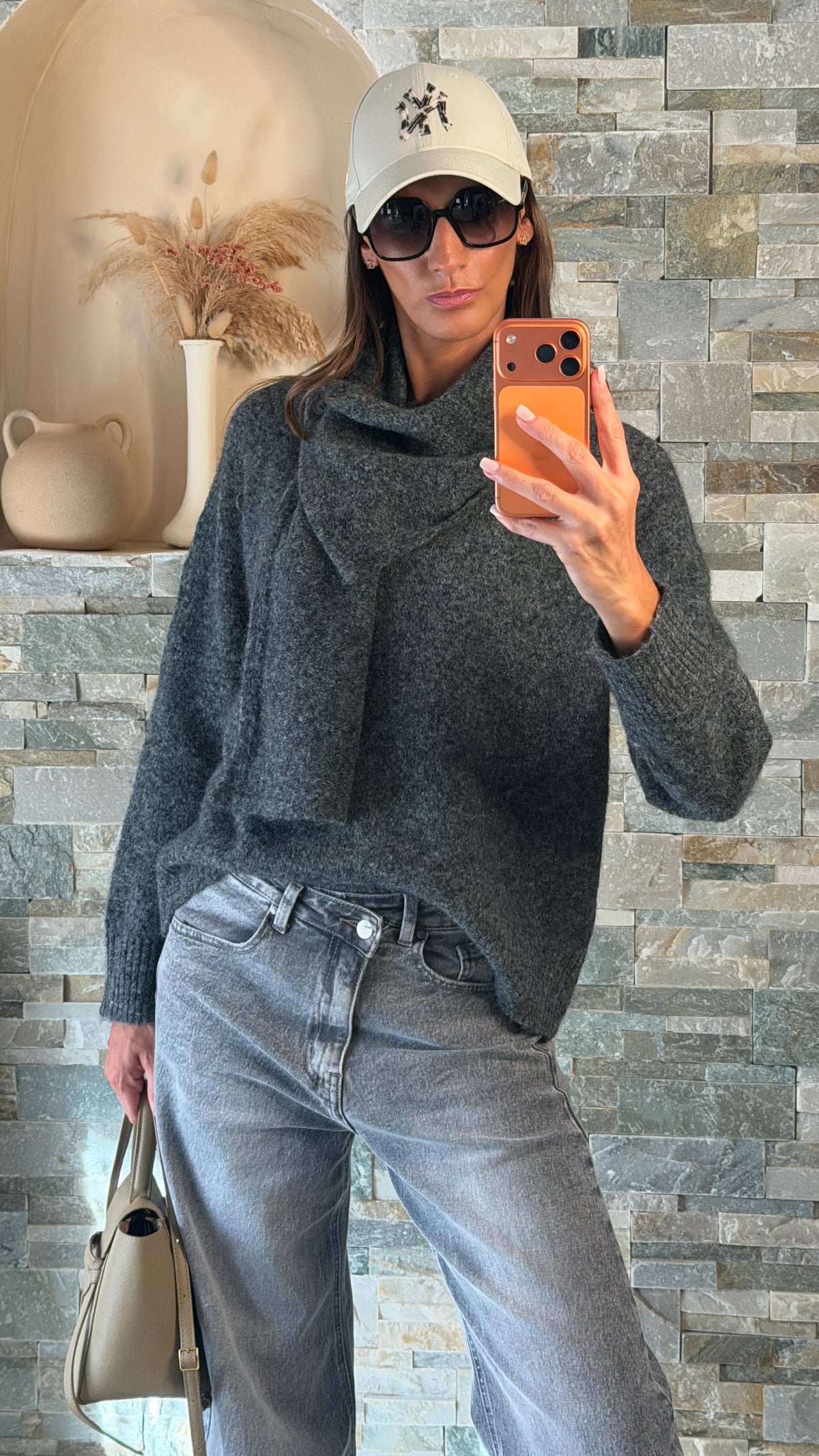 Pull col écharpe amovible Gris anthracite