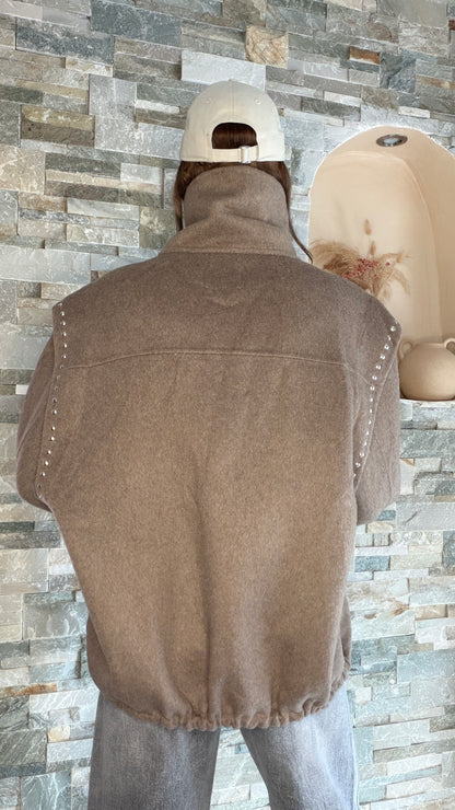 Blouson motard clouté 100% laine Taupe