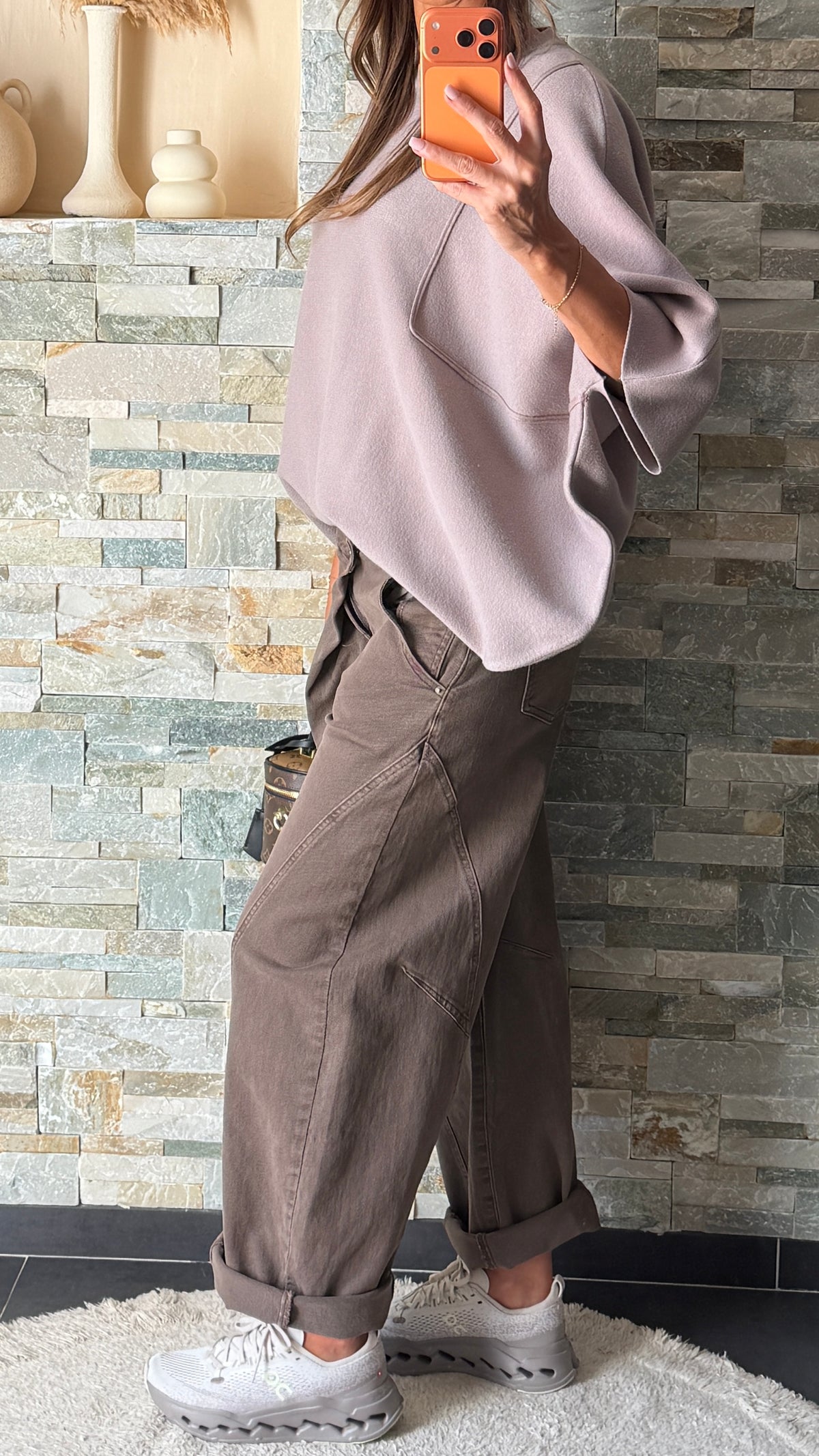 Jean ballon fermeture asymétrique marron/taupe