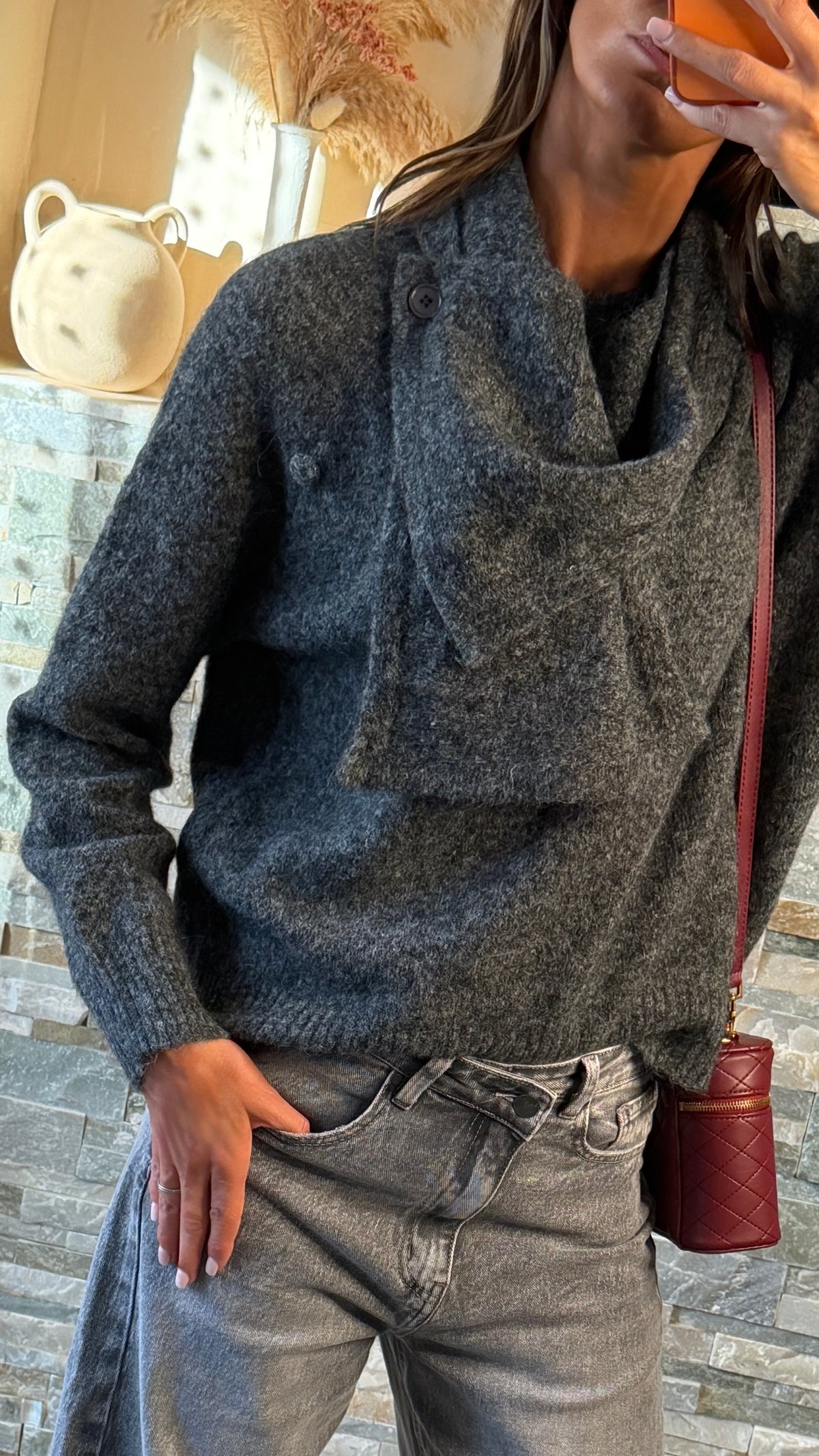 Pull col écharpe amovible Gris anthracite