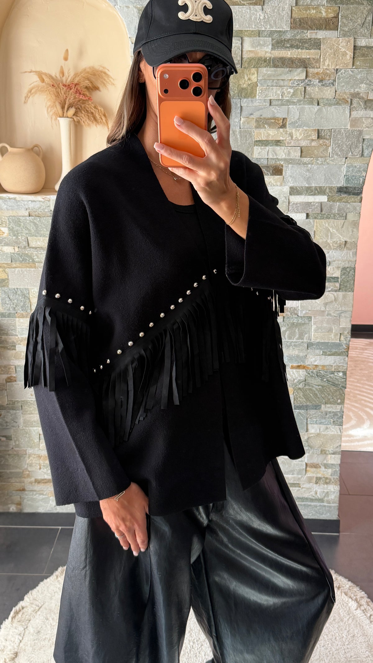 Gilet clouté à franges Noir
