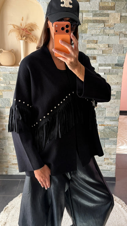 Gilet clouté à franges Noir