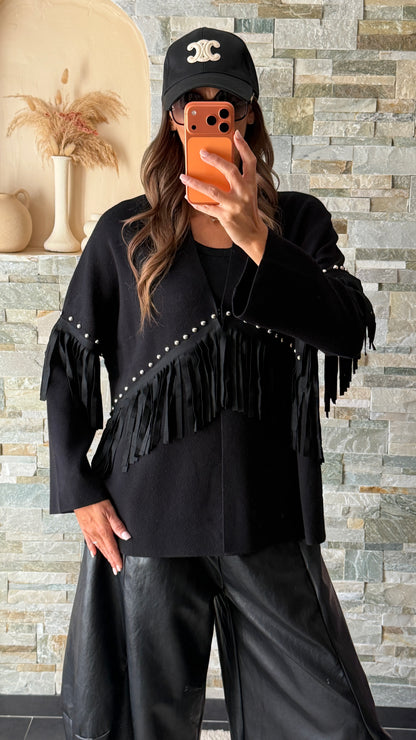 Gilet clouté à franges Noir