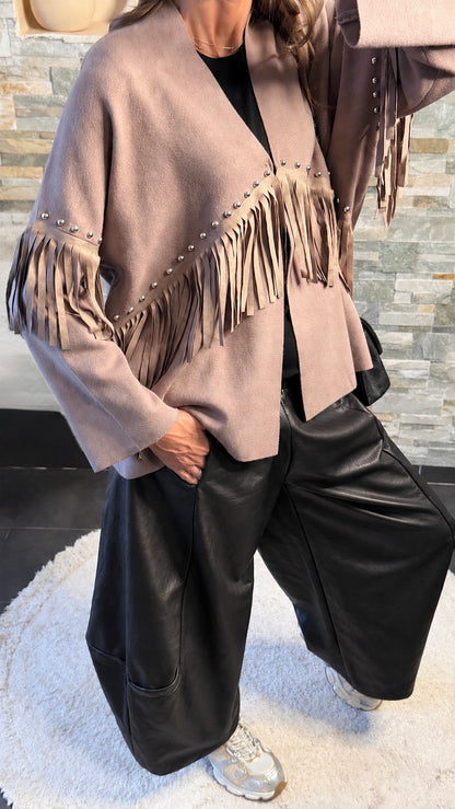 Gilet clouté à franges Taupe