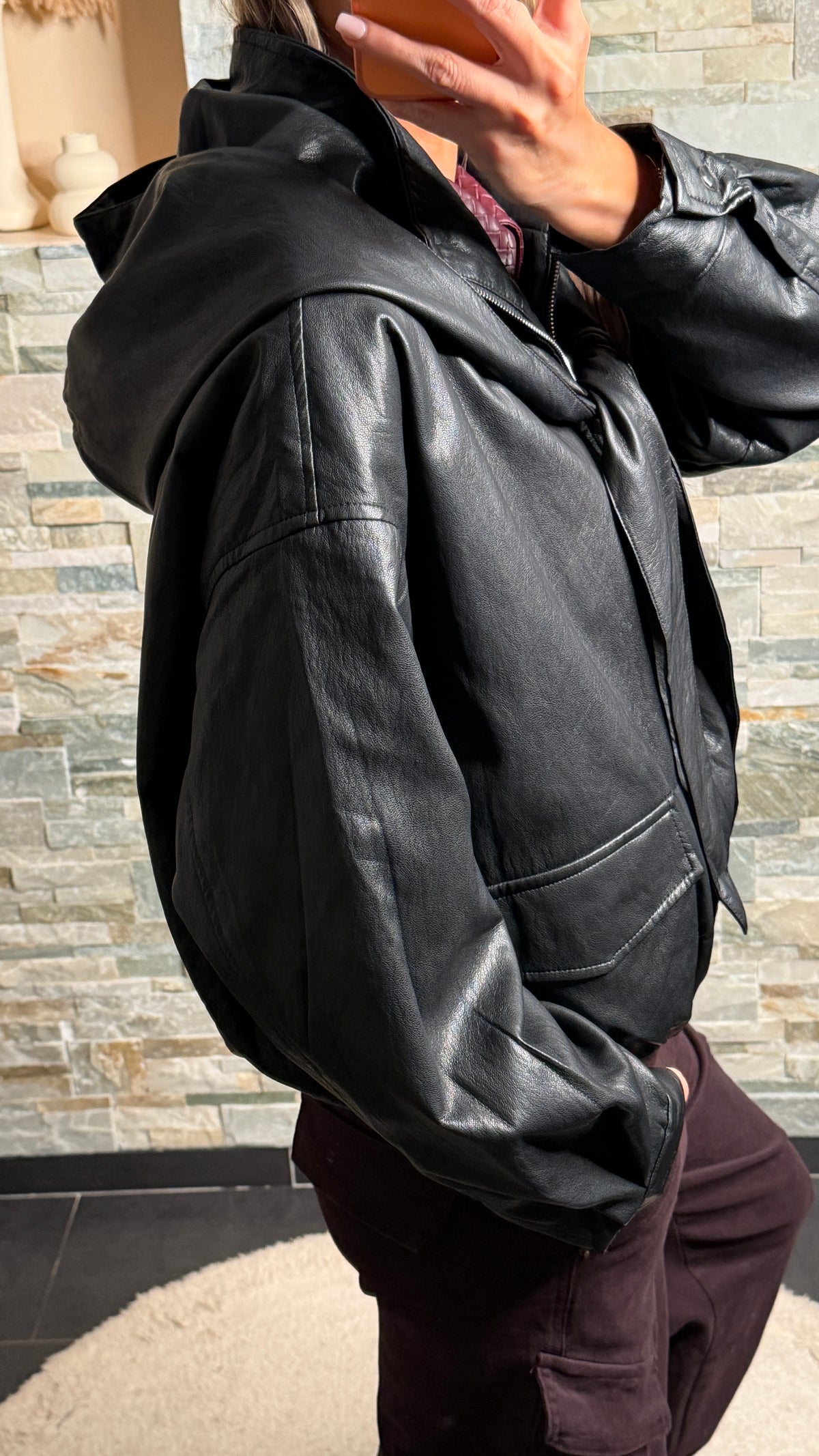 Veste simili cuir à capuche amovible Noir