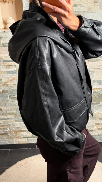 Veste simili cuir à capuche amovible Noir