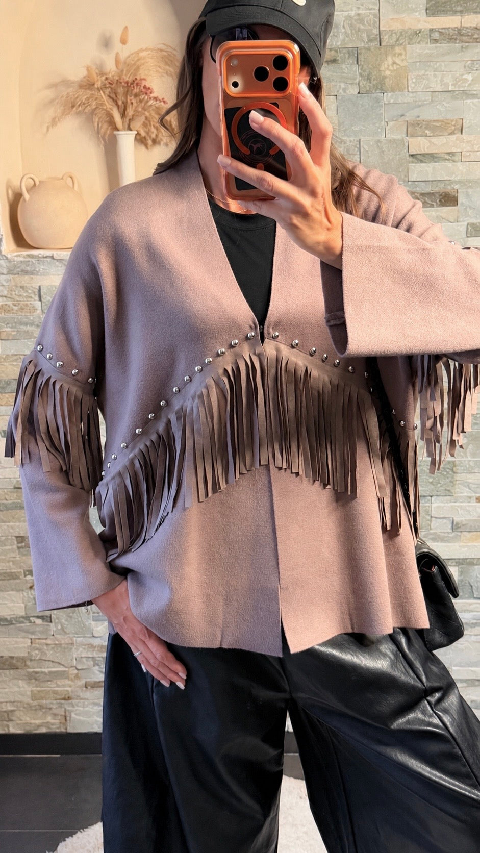 Gilet clouté à franges Taupe
