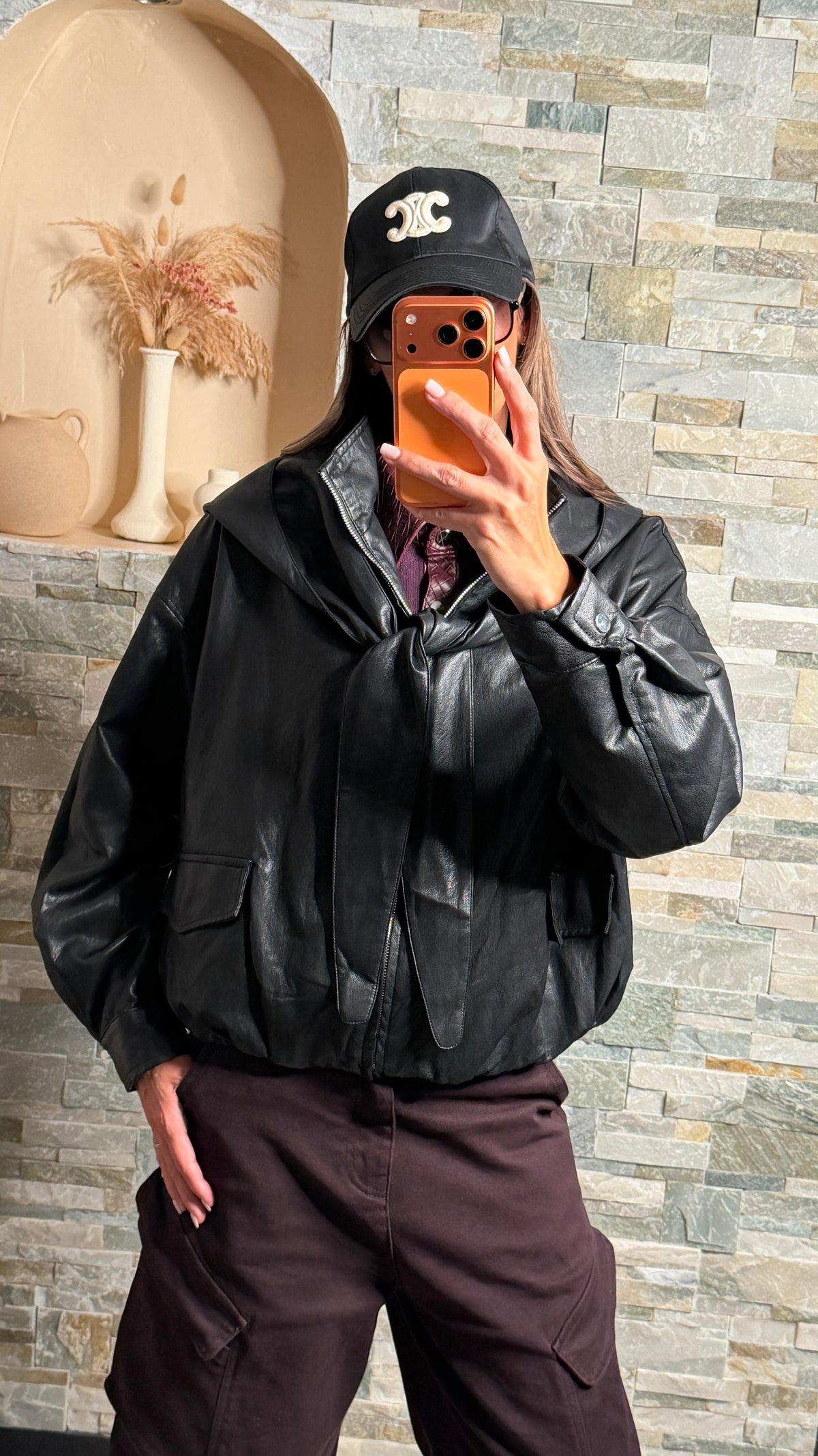 Veste simili cuir à capuche amovible Noir