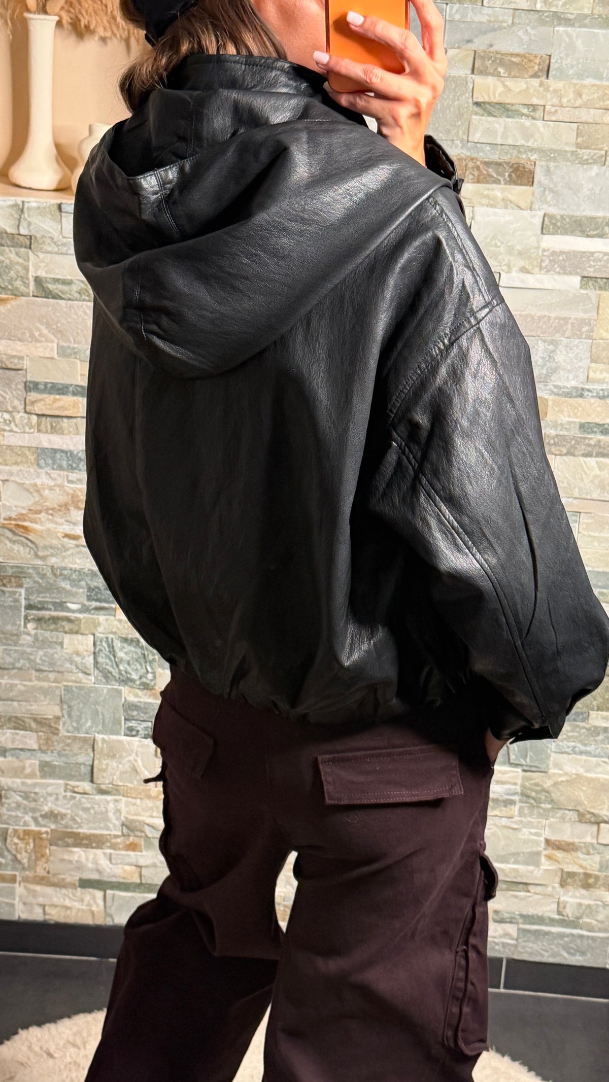 Veste simili cuir à capuche amovible Noir