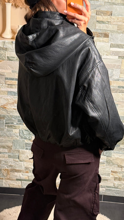Veste simili cuir à capuche amovible Noir