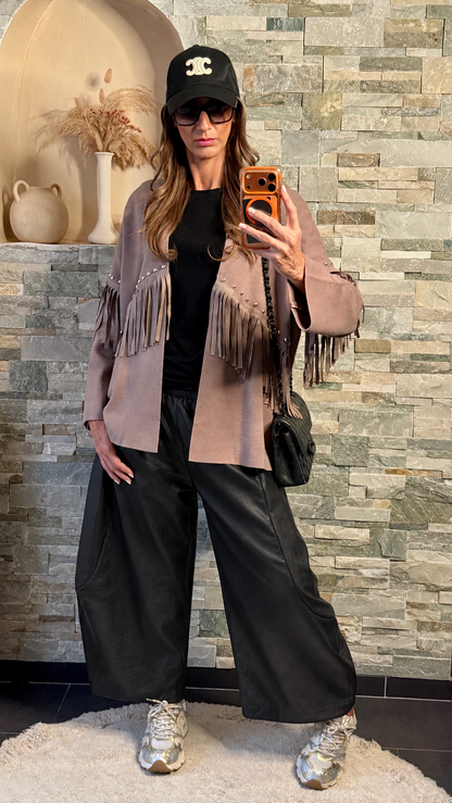 Gilet clouté à franges Taupe