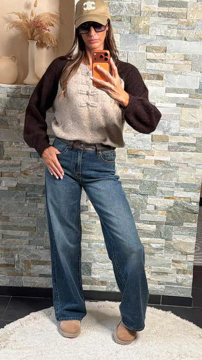 Jean evasé taille haute à ceinture simili cuir Choco