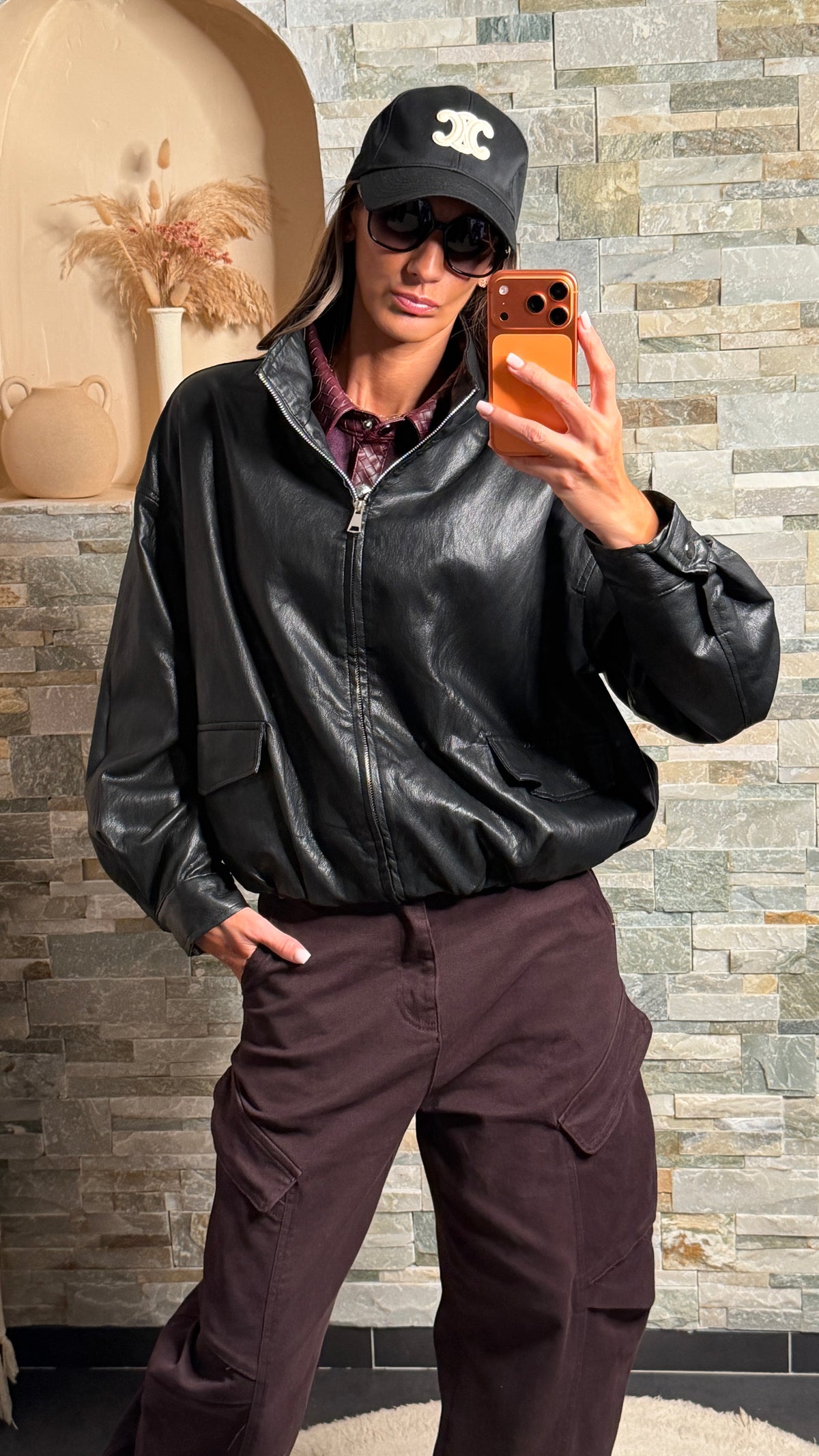 Veste simili cuir à capuche amovible Noir