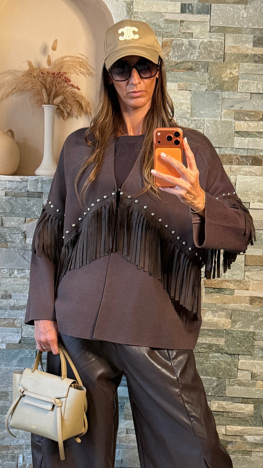 Gilet clouté à franges Choco