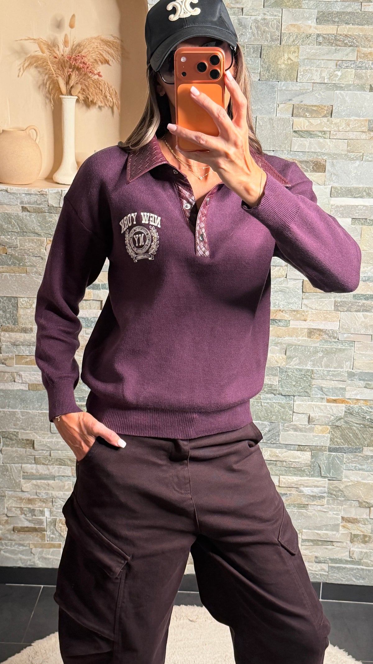 Pull bimatière col cuir tressé prune