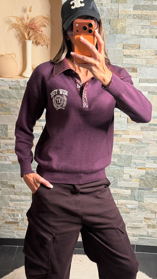 Pull bimatière col cuir tressé prune