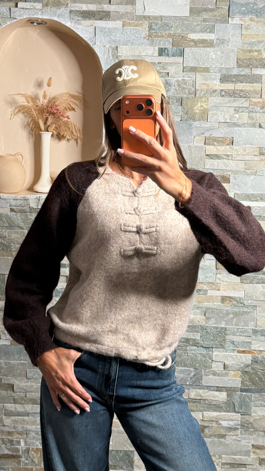 Pull bicolor à cordon de serrage à la taille Beige/Choco