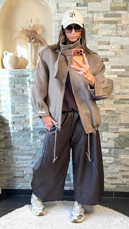 Blouson motard clouté 100% laine Taupe