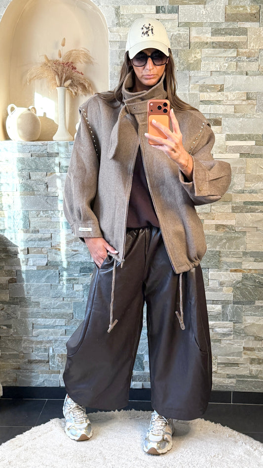 Blouson motard clouté 100% laine Taupe