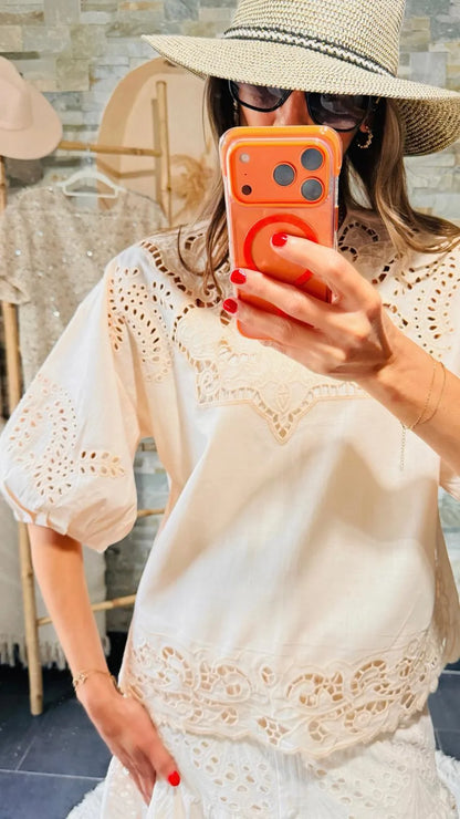 Blouse broderie anglaise nude