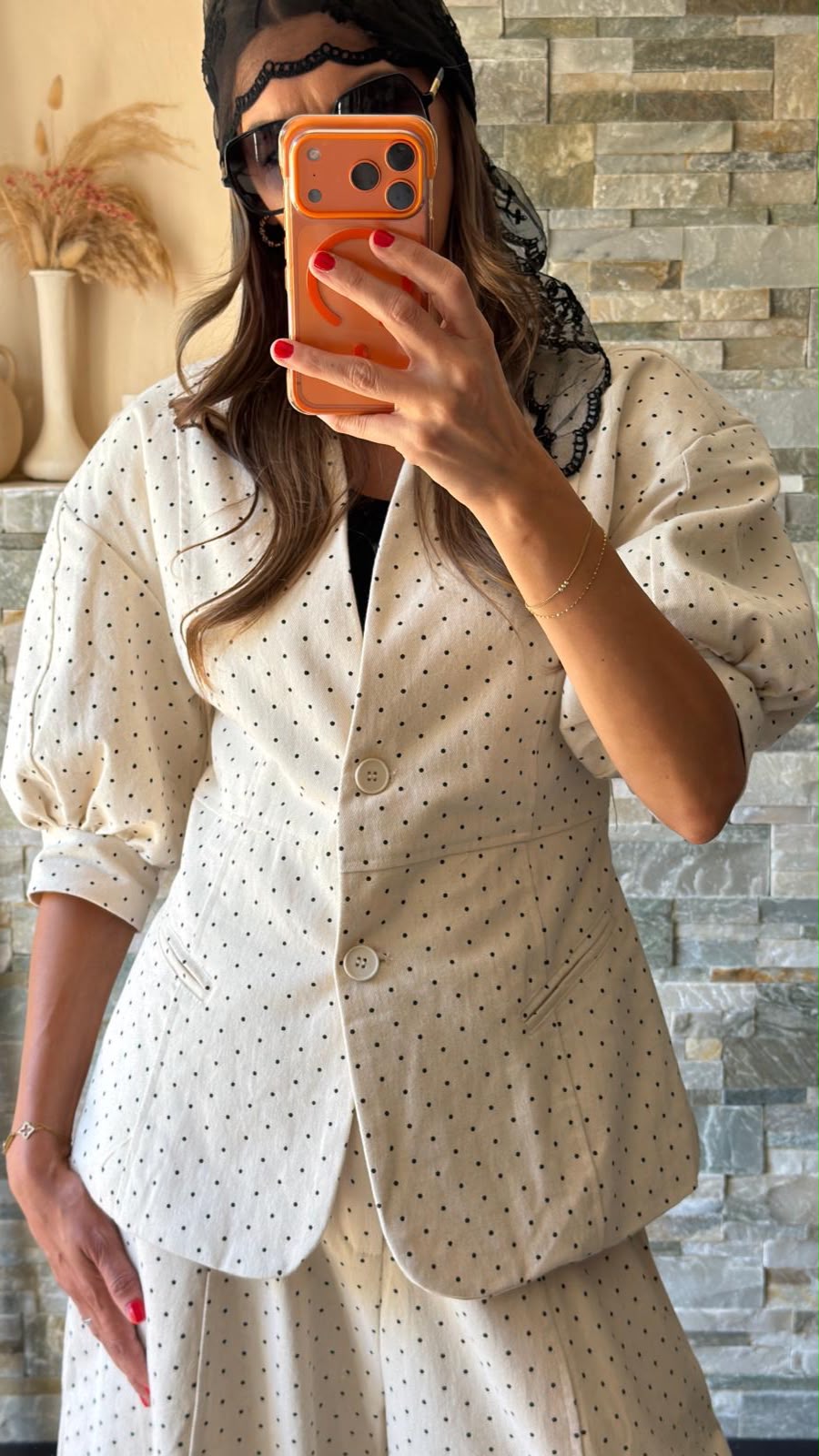 Veste à pois manches bouffantes Crème