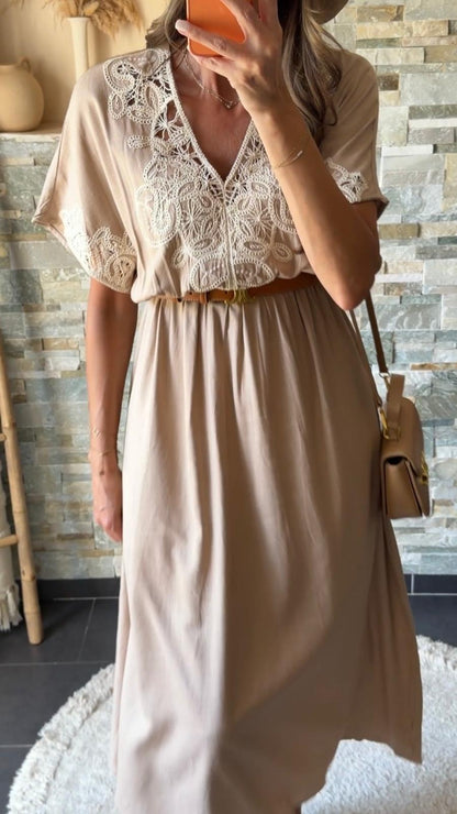 Robe bohème en lin brodées Camel