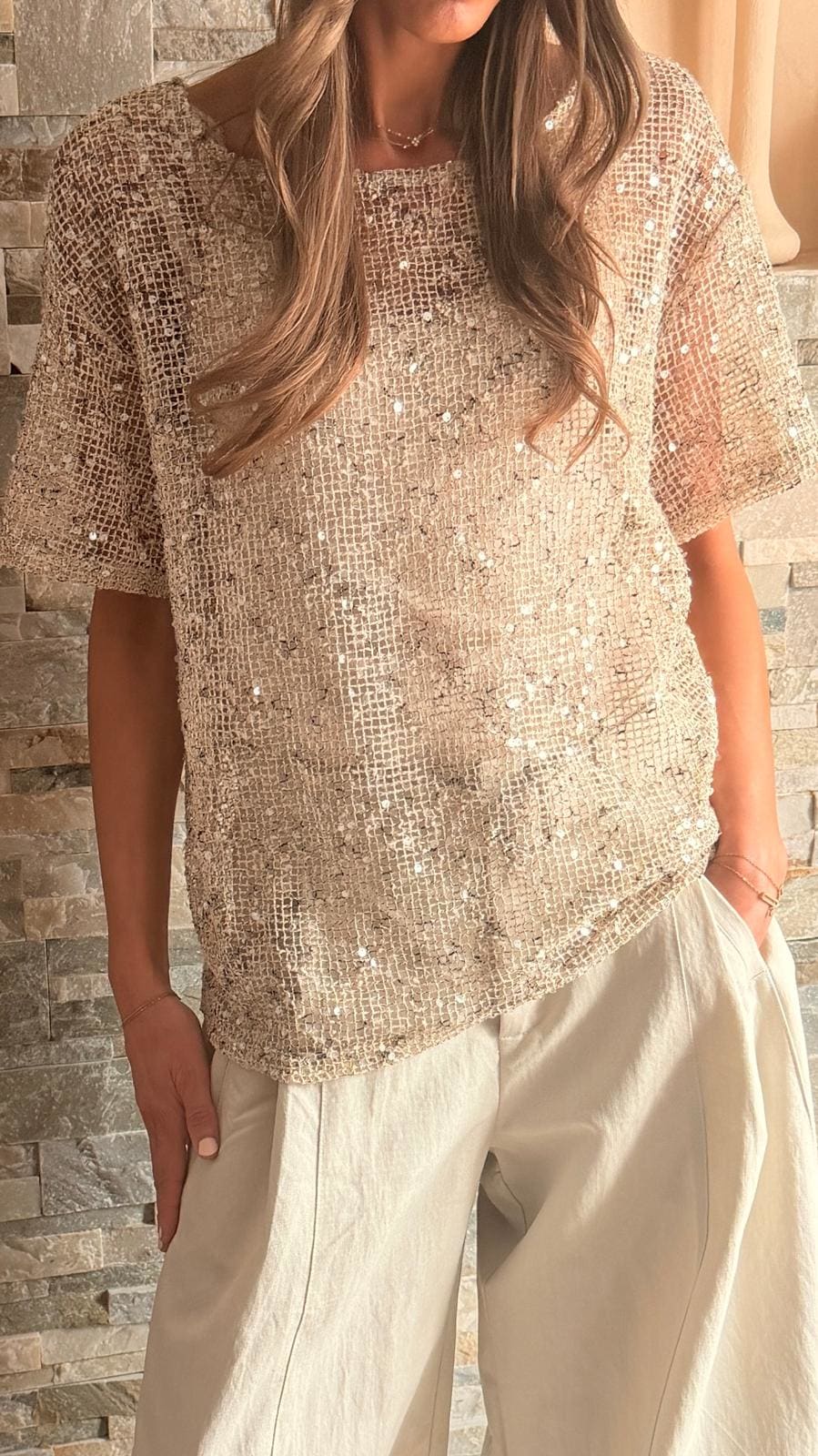 Sequin Crochet T-Shirt Beige/Silver