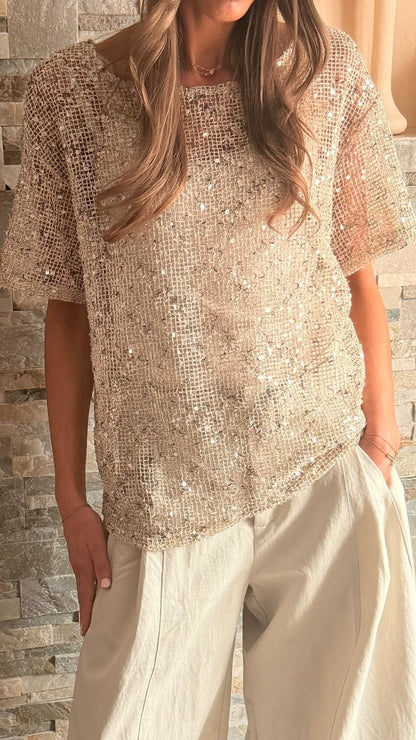 Sequin Crochet T-Shirt Beige/Silver