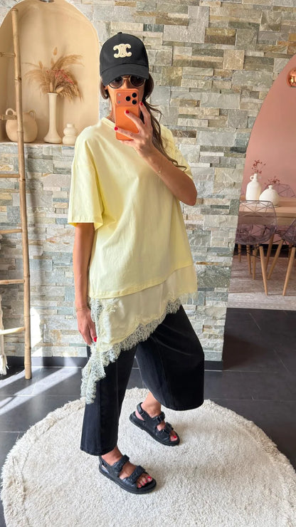T-Shirt dentelle satiné oversize Jaune
