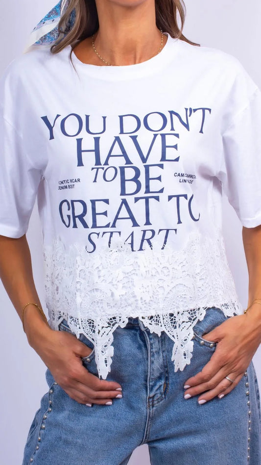 T-Shirt inscription Rock dentelle Blanc écriture bleu