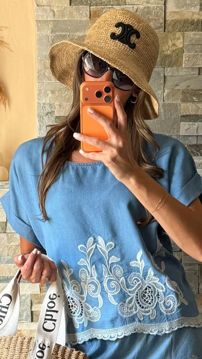 T-Shirt jean usé brodé