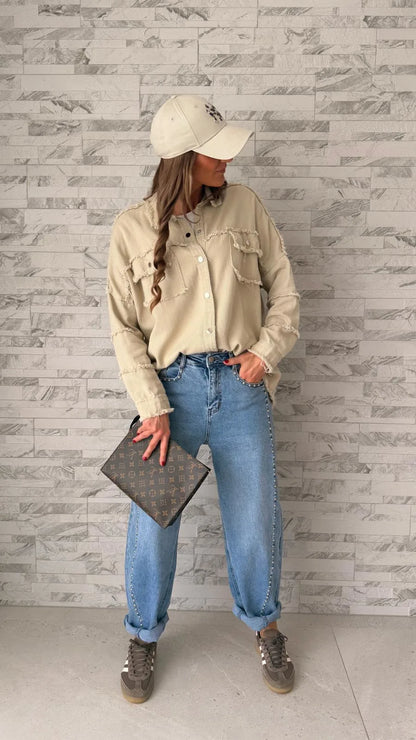 Chemise en jean déchirée Beige broderie dos