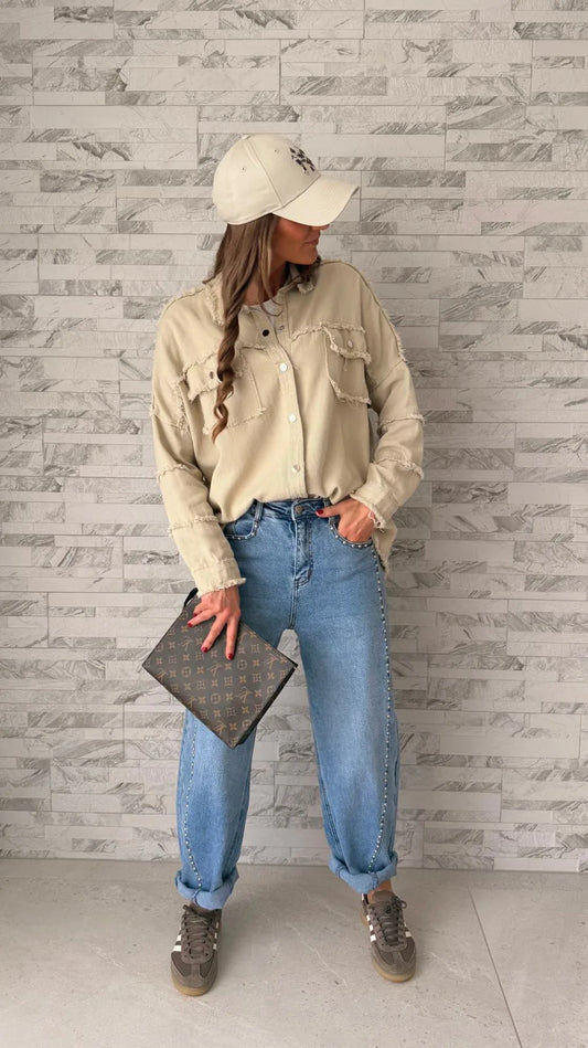 Chemise en jean déchirée Beige broderie dos