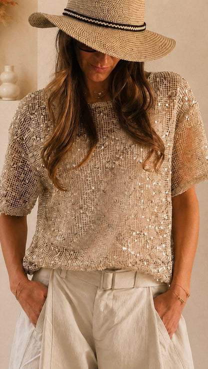 Sequin Crochet T-Shirt Beige/Silver