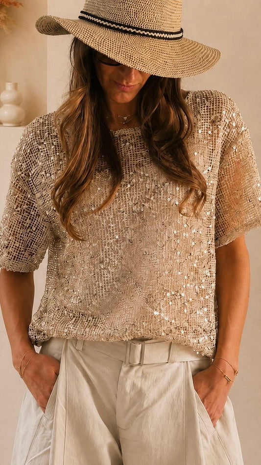 T-Shirt crochet à sequins Beige/Argenté