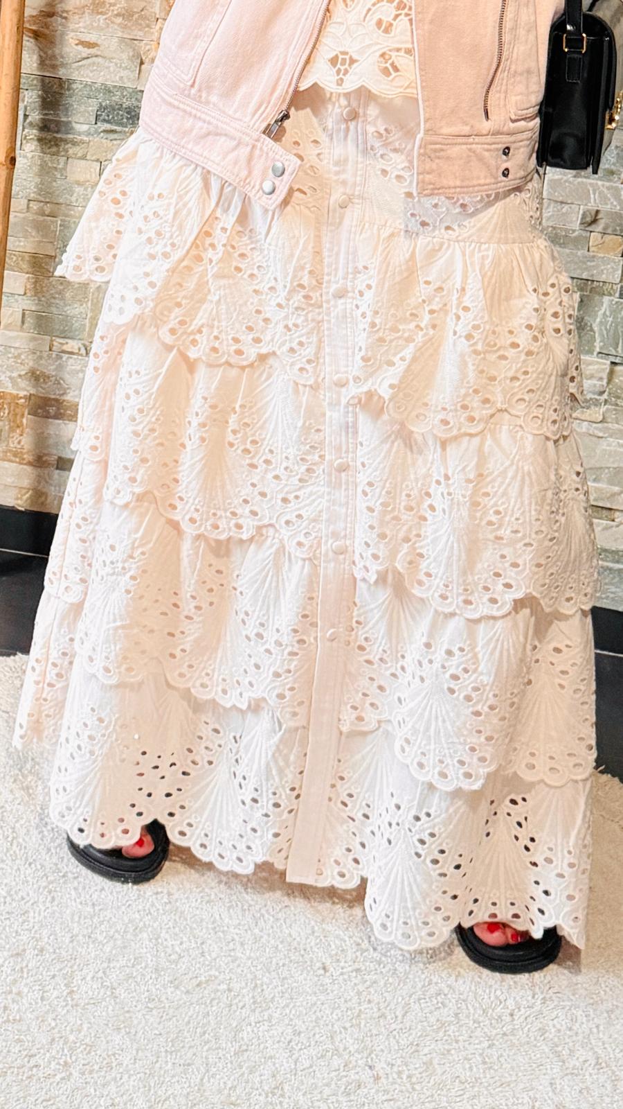Jupe bohème à volans et broderie anglaise Crème