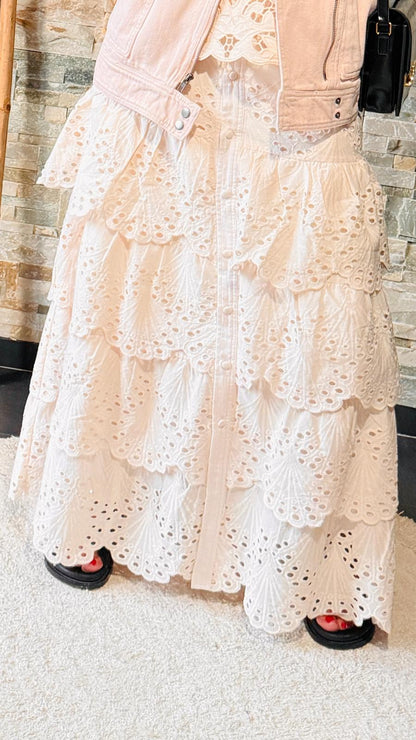 Jupe bohème à volans et broderie anglaise Crème