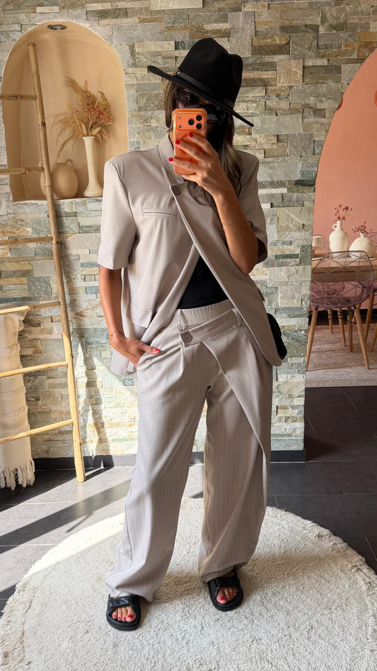 Taupe striped trousers with asymmetrical closure