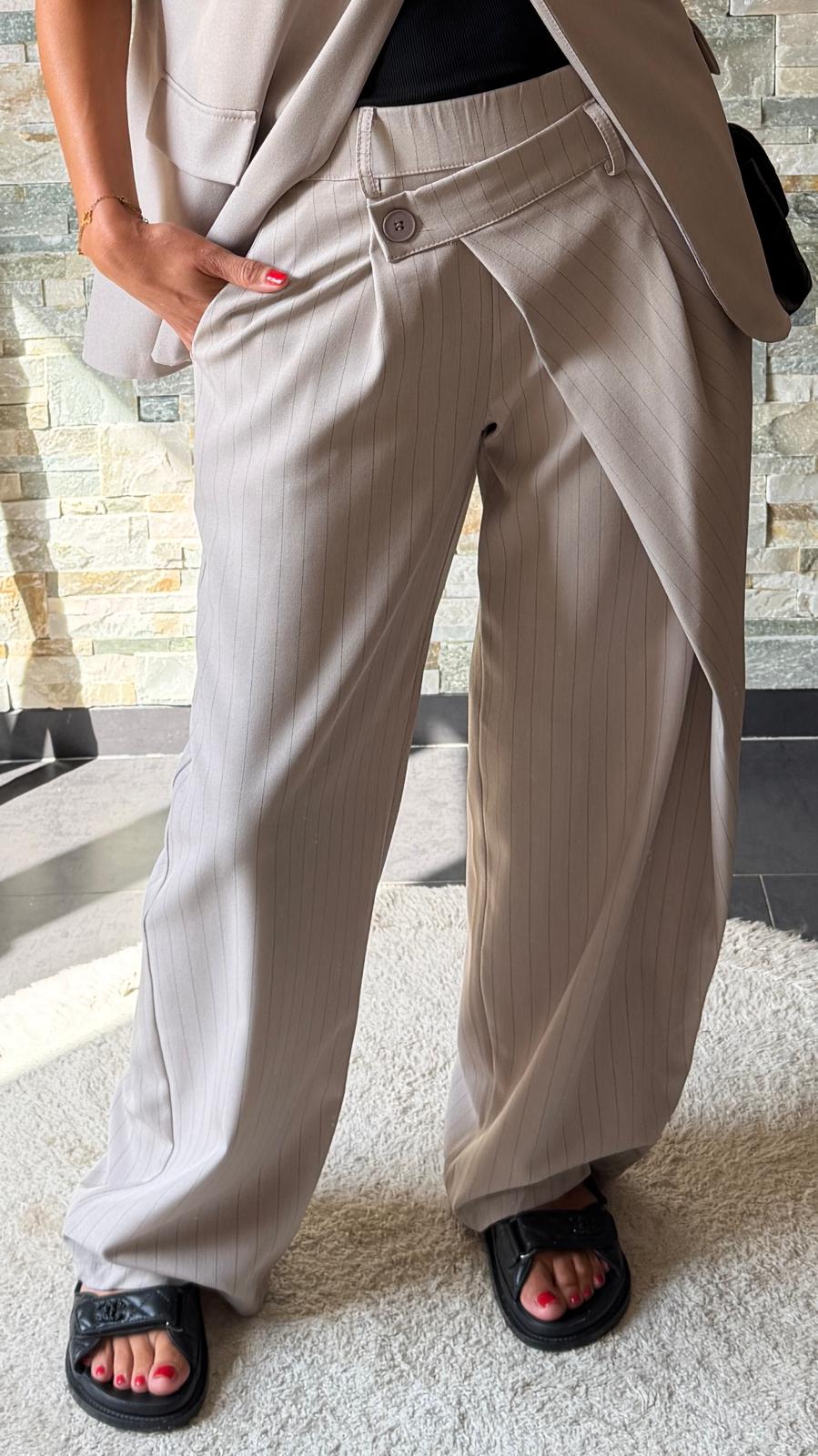 Pantalon rayé fermeture asymétrique Taupe
