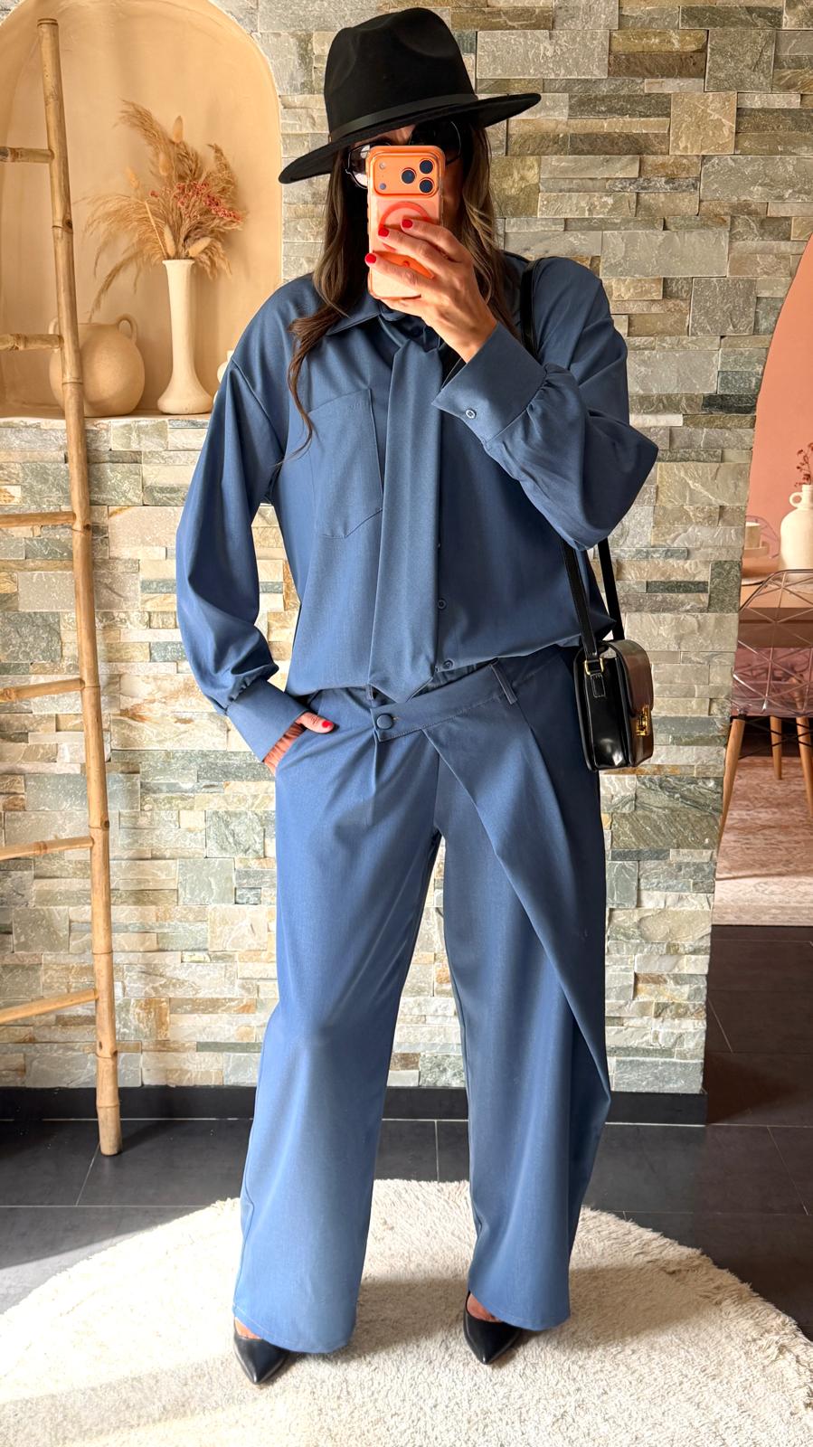 Pantalon jeans fermeture asymétrique Bleu