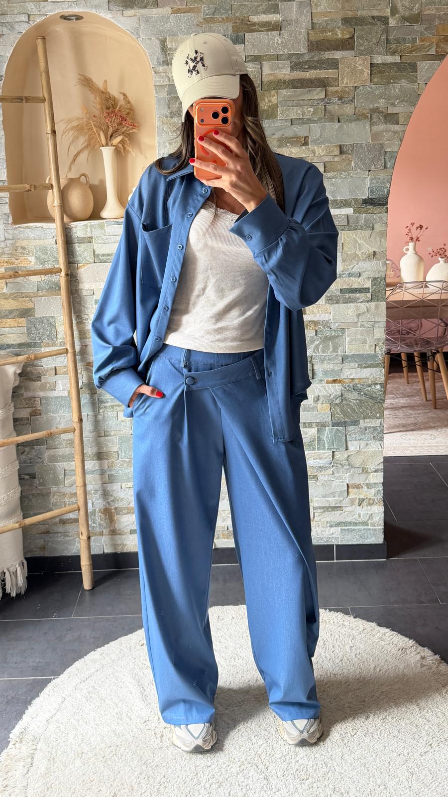 Pantalon jeans fermeture asymétrique Bleu