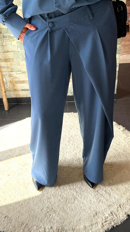 Pantalon jeans fermeture asymétrique Bleu