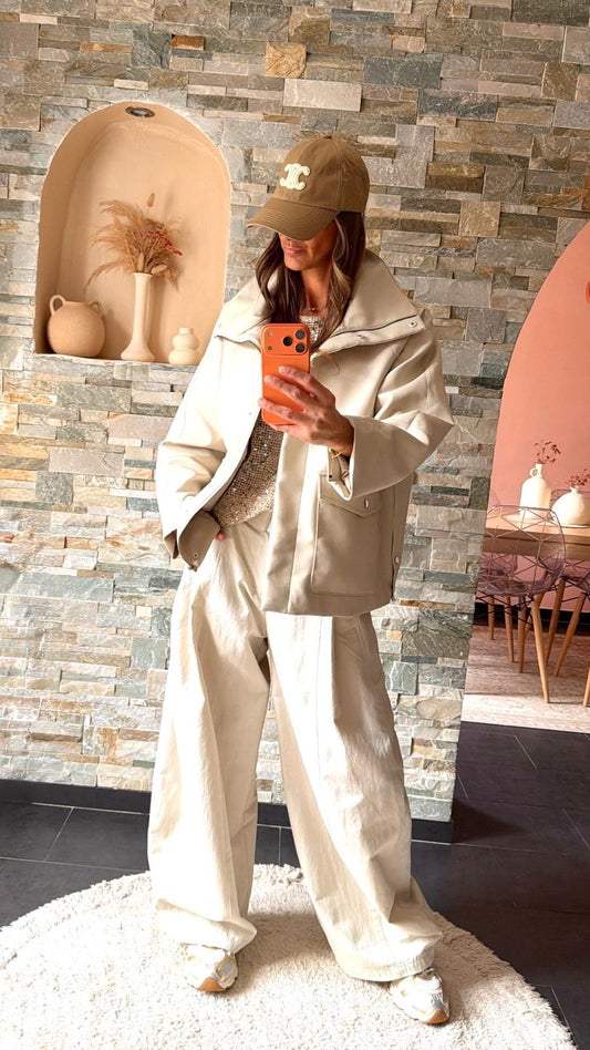 Cream waxed-look palazzo trousers