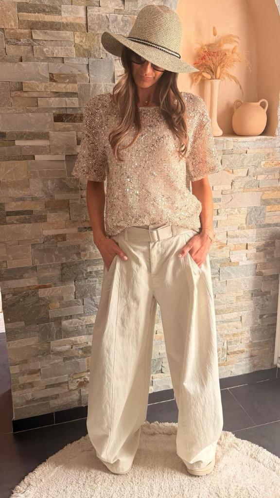 Pantalon palazzo effet toile ciré Crème
