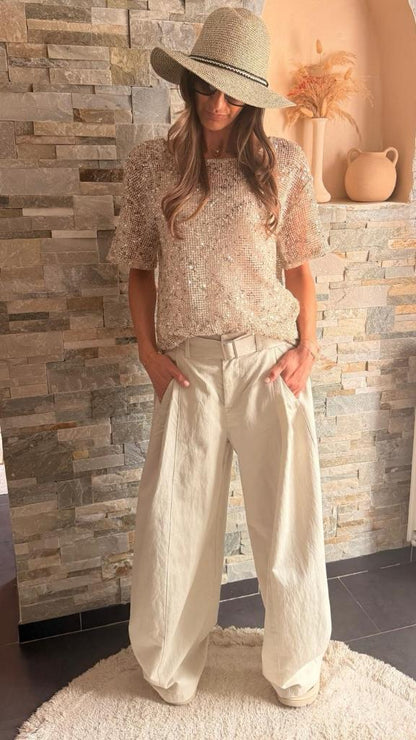 Pantalon palazzo effet toile ciré Crème