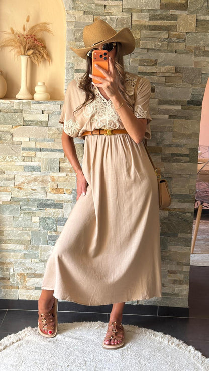 Robe bohème en lin brodées Camel