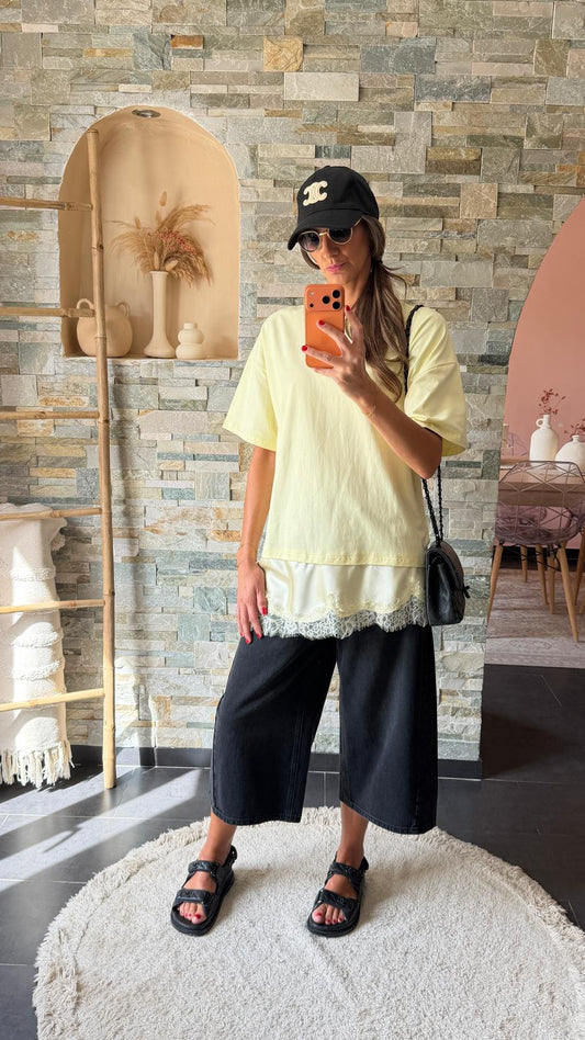T-Shirt dentelle satiné oversize Jaune