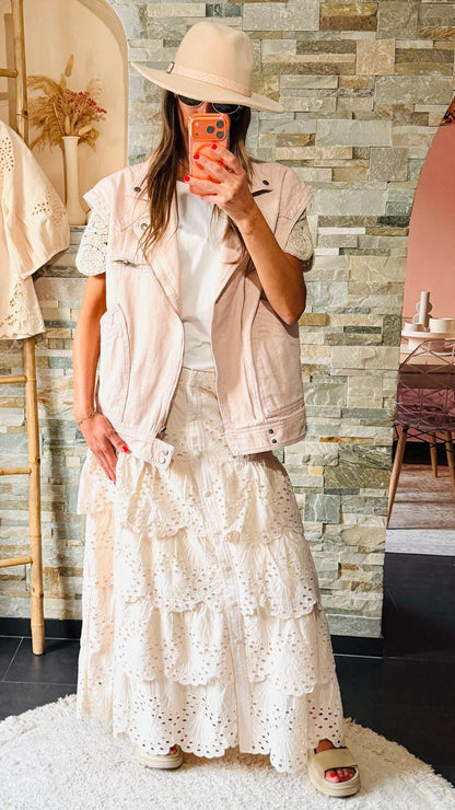 T-Shirt manches crochet/sequins Blanc/Beige