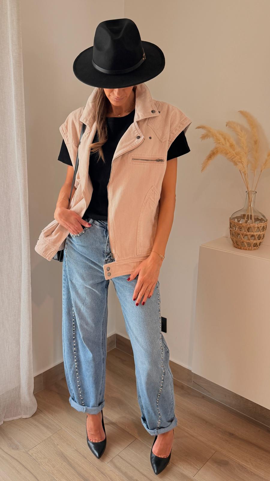 Veste en jean sans manches style perfecto Rose poudré